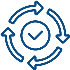 Symbool met een cirkelvormige pijl rond een vinkje, wat continuïteit en goedkeuring uitbeeldt.