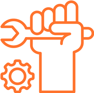 Oranje pictogram van een vuist die een moersleutel vasthoudt met een tandwiel ernaast.