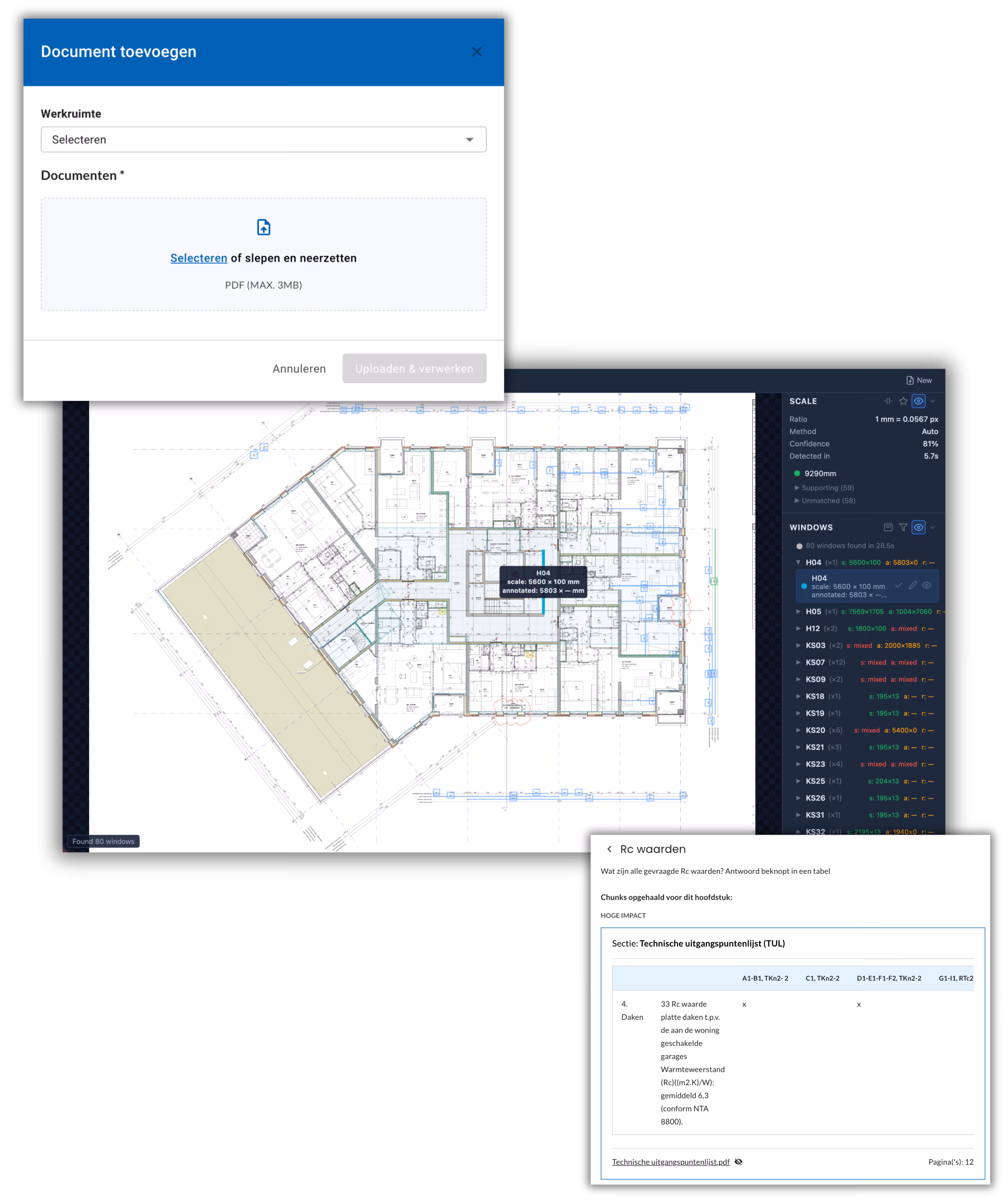 Bestek Agent — document upload, plattegrond analyse en Rc waarden query
