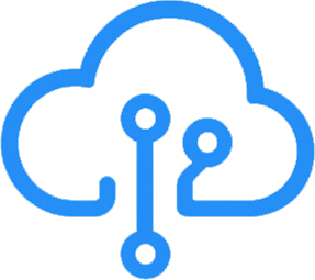 Blue cloud icon with three connected circuit lines inside representing cloud technology or cloud computing.