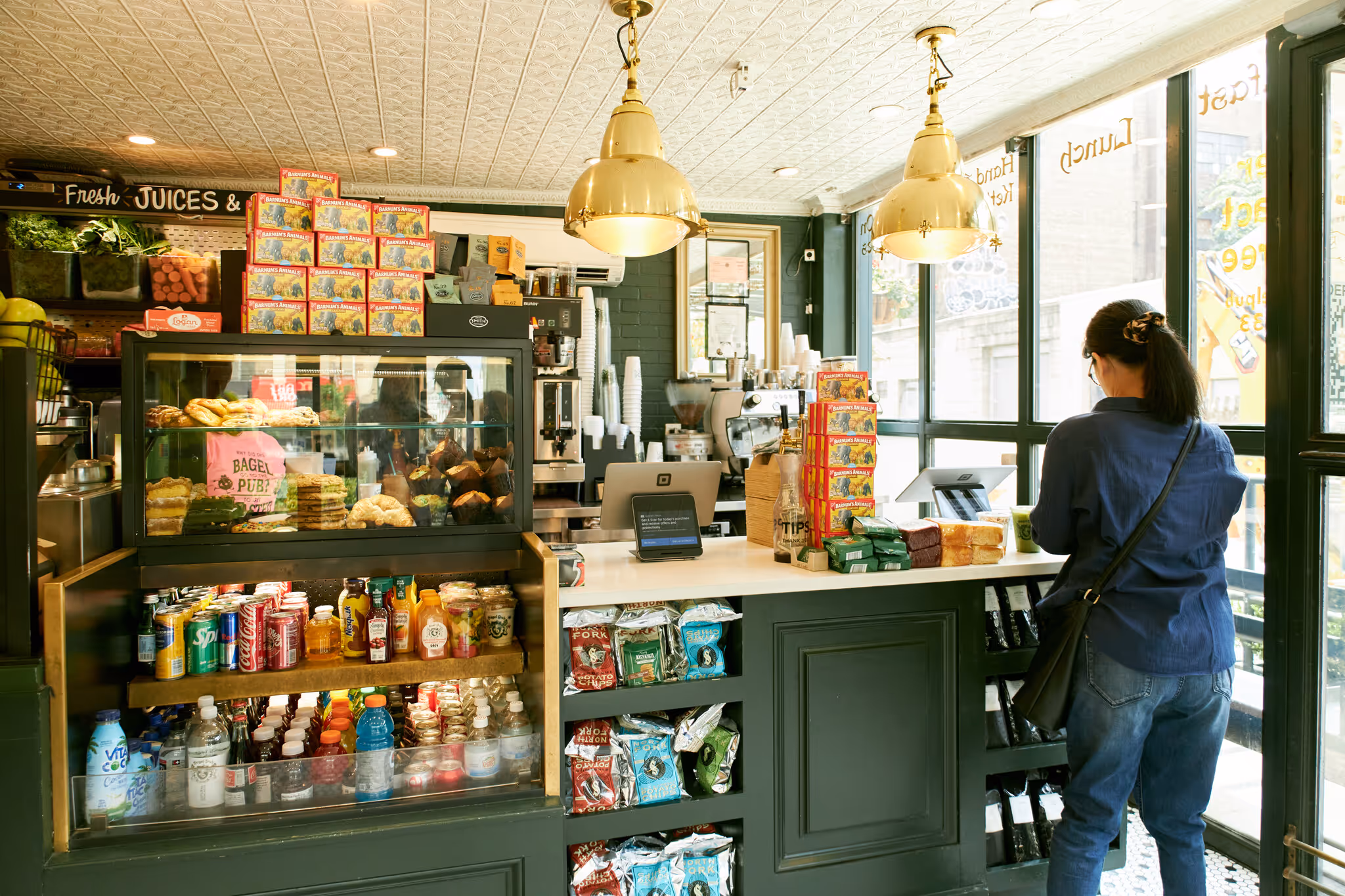 the counter and bagels display at the Bagel Pub at Sunset Park