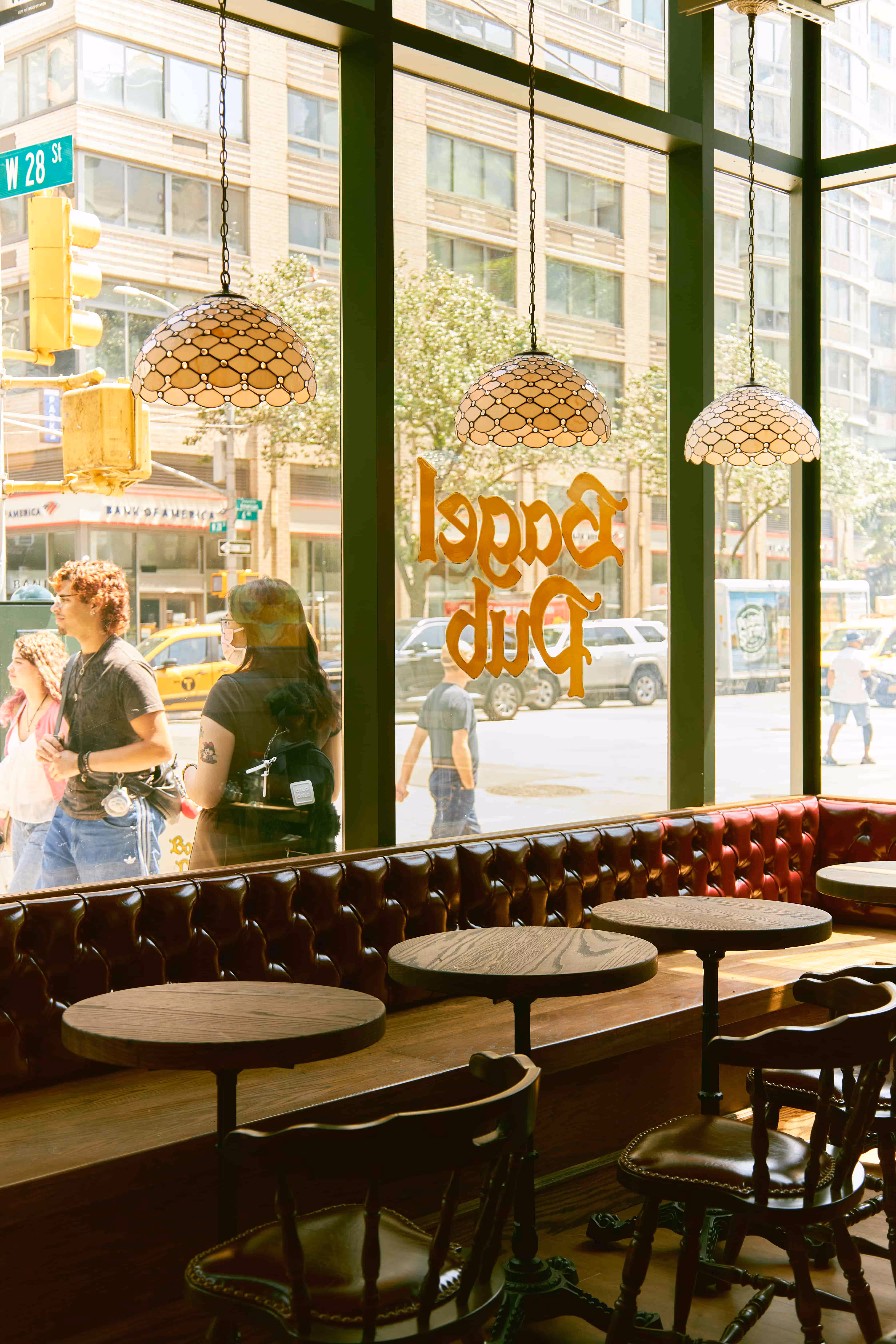 stools by the window of the BagelPub NoMad location