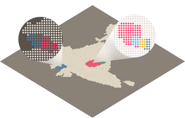 Abstract map with two magnified circular insets highlighting clusters of multicolored dots on opposite sides of a beige landmass.