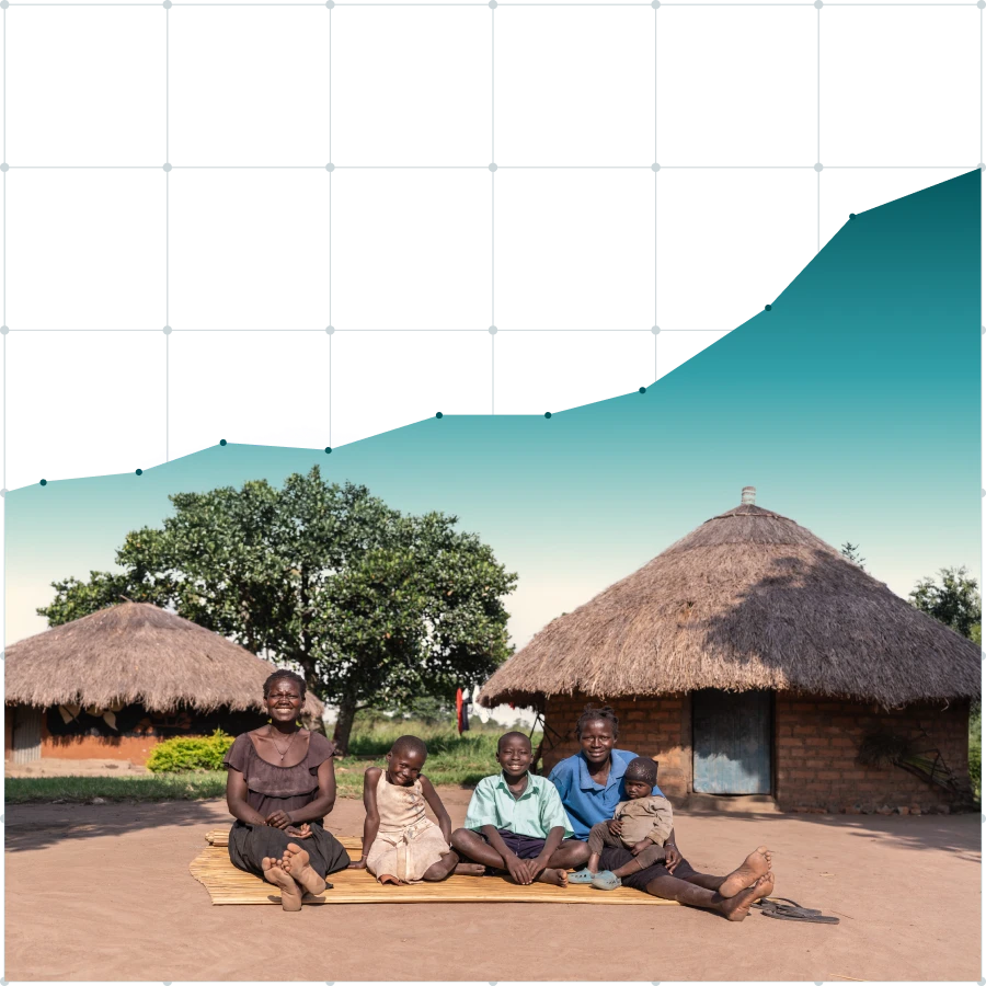 Two farmers working in a field with banana plants in the background, one holding a hoe and the other a digging tool.
