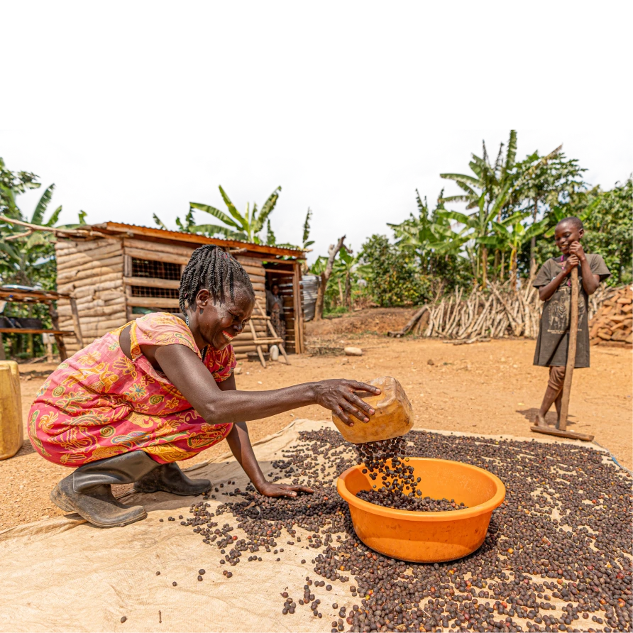 Woman in a patterned dress pouring coffee beans into an orange basin outdoors with a child standing nearby holding a wooden tool.