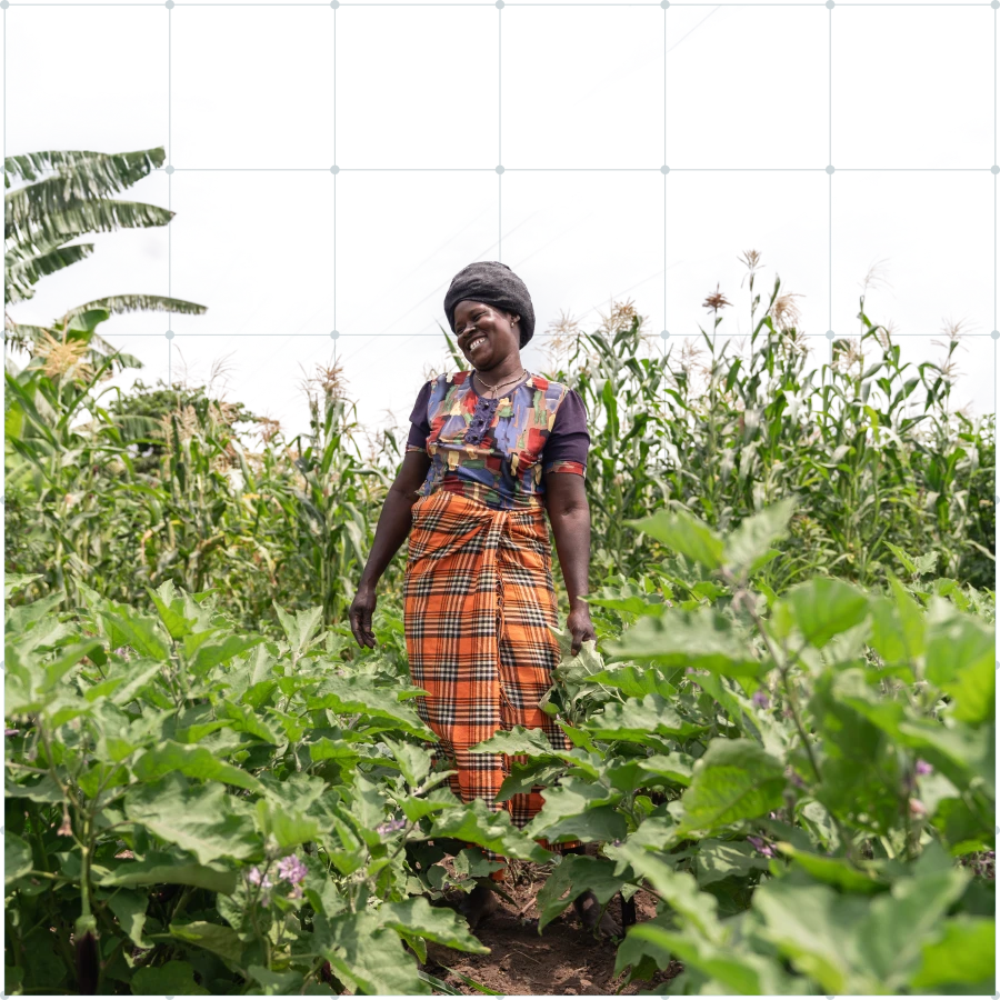 Two farmers working in a banana plantation, one woman holding a hoe and a man using a hoe on soil.