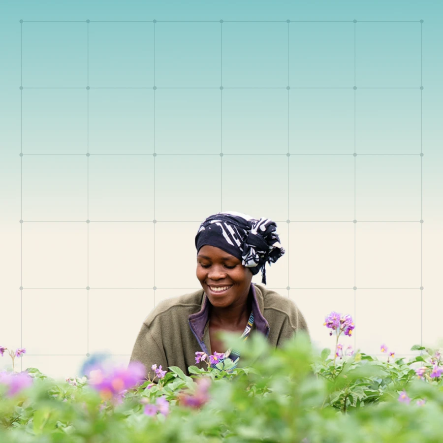 Smiling woman wearing a headscarf amidst green plants with purple flowers under a gradient blue sky.