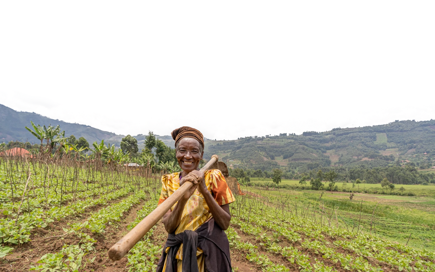 Smiling elderly woman holding a hoe standing in a green, cultivated field with hills in the background.