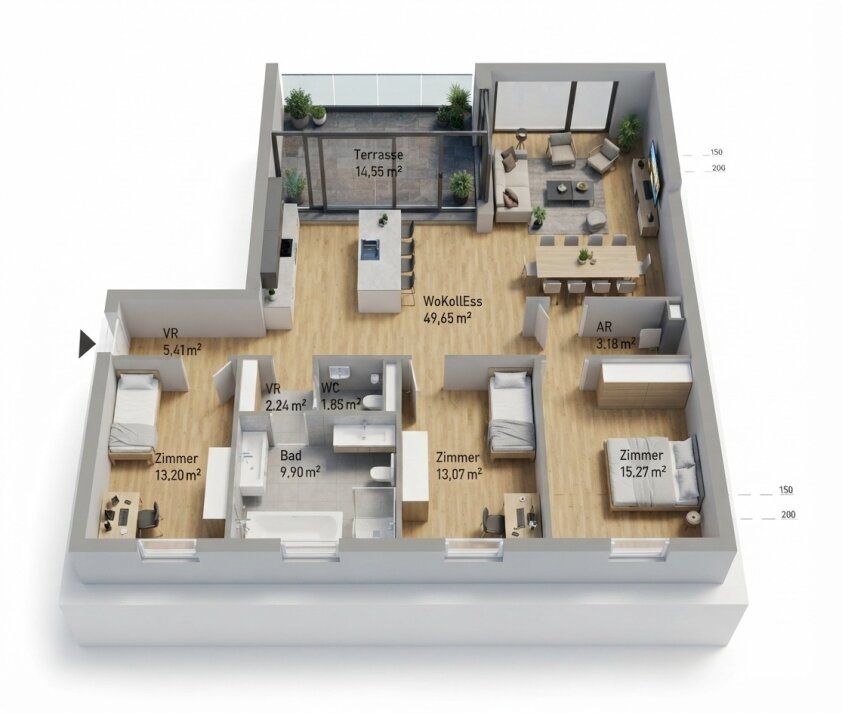 GRAZ - Gries: 114m² große 4-Zimmer-Wohnung + 15m² große Terrasse im 5.OG - Nähe Augarten - Zentral - Honorarfrei