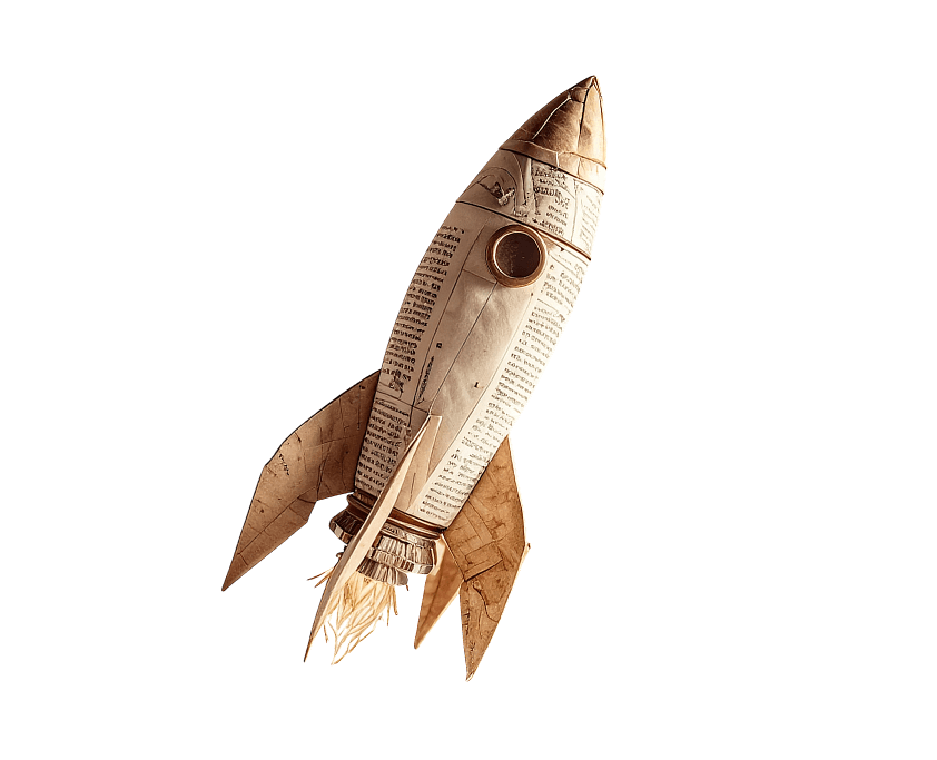 A newspaper style cutout in the shape of a space rocket

