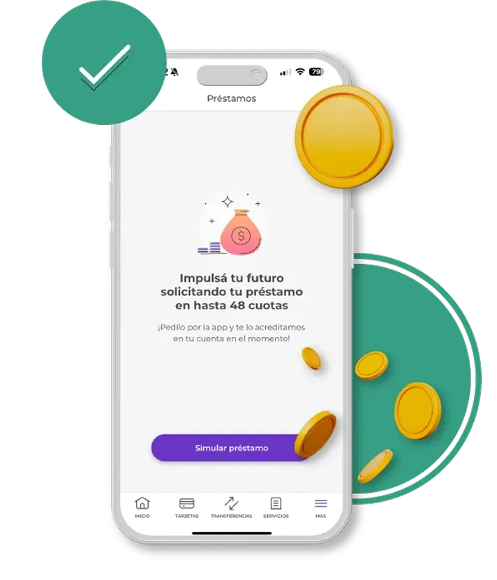 Pantalla de teléfono mostrando una app de préstamos que invita a simular un préstamo hasta en 48 cuotas con botón morado y monedas doradas alrededor.
