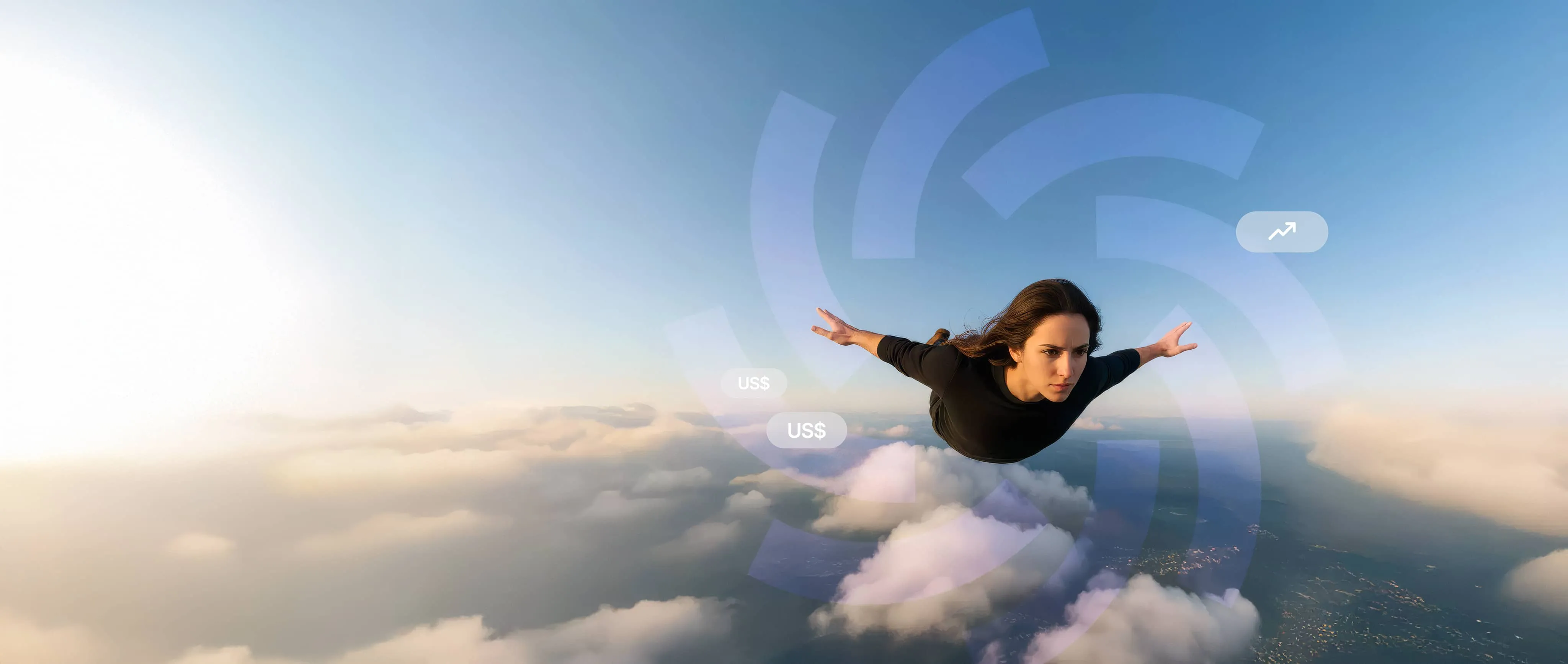 Mujer vestida de negro que parece volar sobre nubes con gráficos digitales que muestran signos de dólar estadounidense y una flecha de tendencia ascendente.