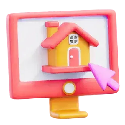 Icono 3D de una casa amarilla con techo rojo en una pantalla de computadora con un cursor rosa apuntando hacia la casa.