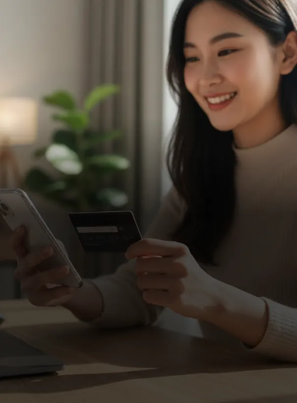 Mujer sonriente usando un teléfono móvil y sosteniendo una tarjeta de crédito.