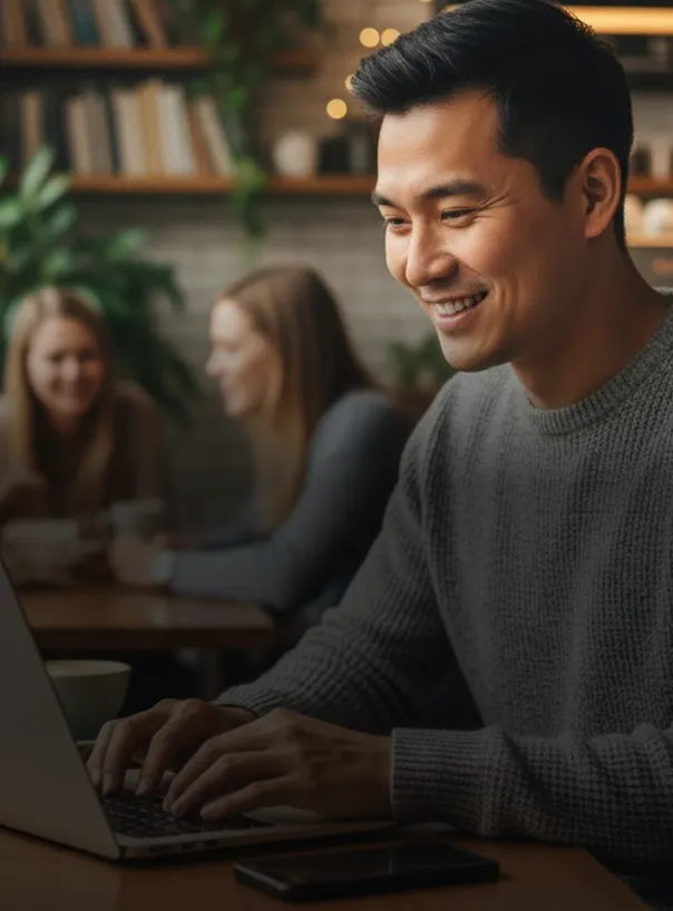 Hombre sonriente usando una computadora portátil en un café con dos mujeres conversando al fondo.