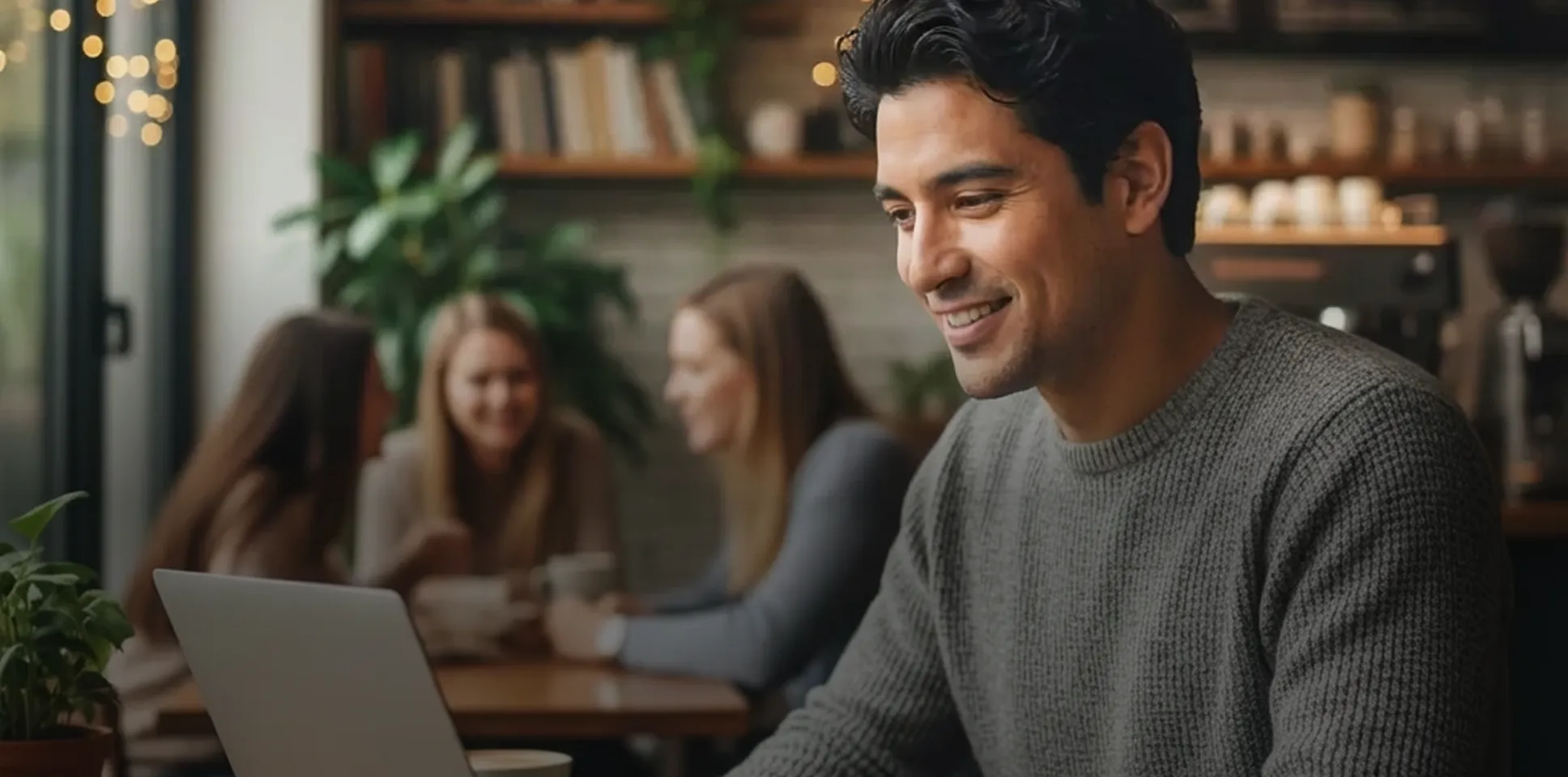Hombre sonriente usando una computadora portátil en una cafetería con tres mujeres conversando al fondo.