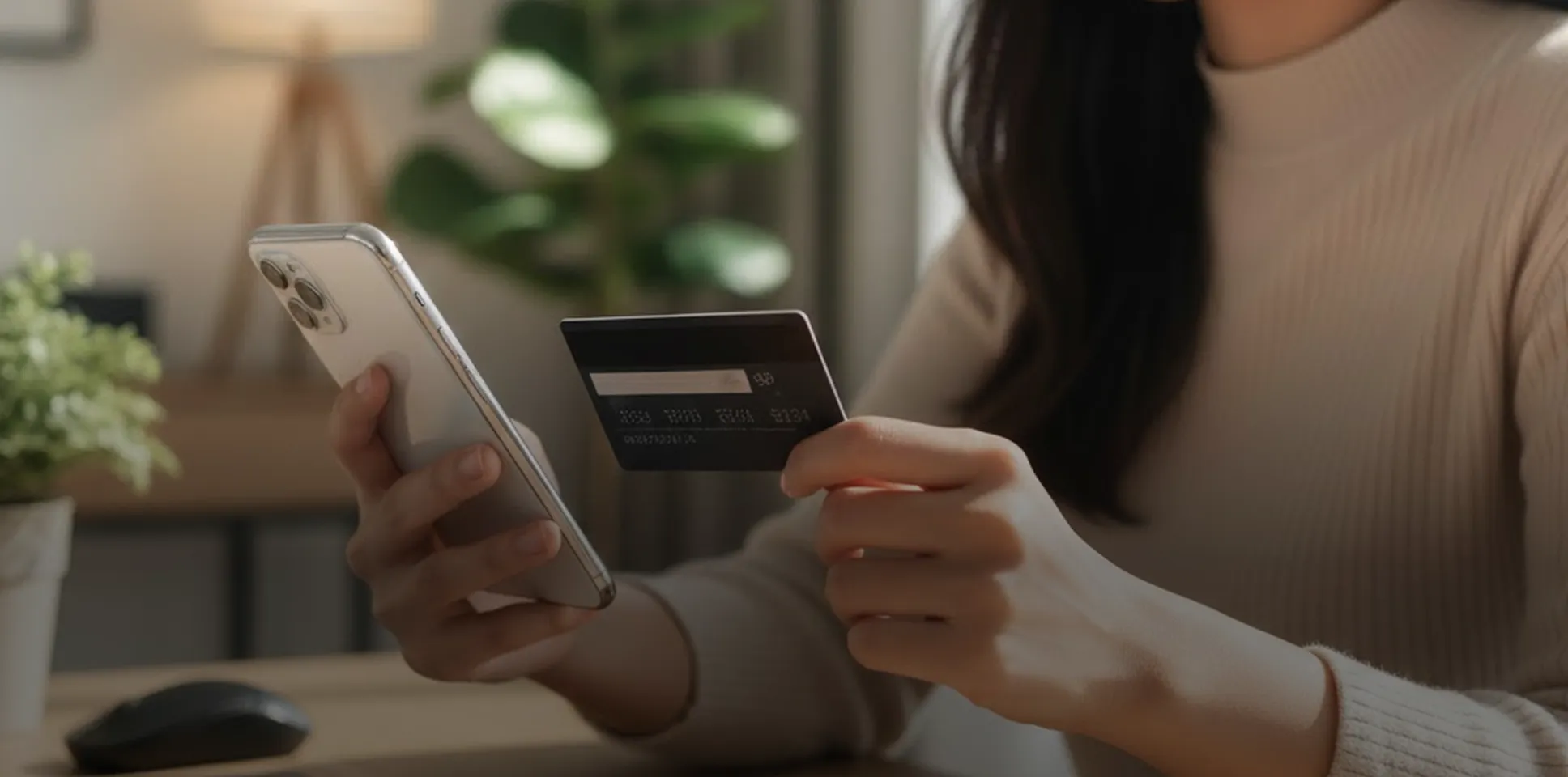 Persona sosteniendo un teléfono móvil y una tarjeta de crédito en un ambiente interior.