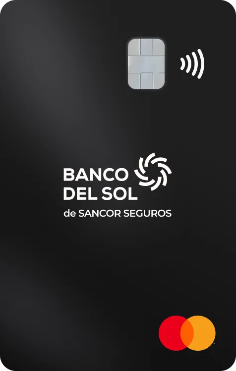 Tarjeta negra con chip y el logo de Banco del Sol de Sancor Seguros en blanco y amarillo.