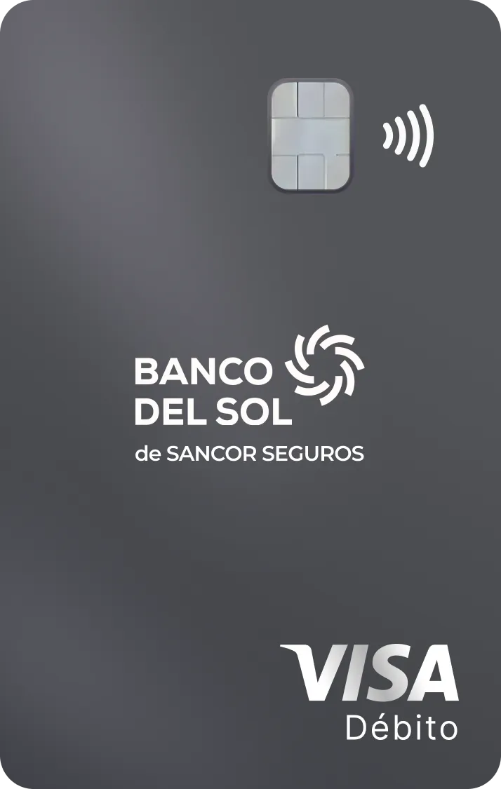 Tarjeta de débito Visa gris del Banco del Sol de Sancor Seguros con chip y símbolo de pago sin contacto.