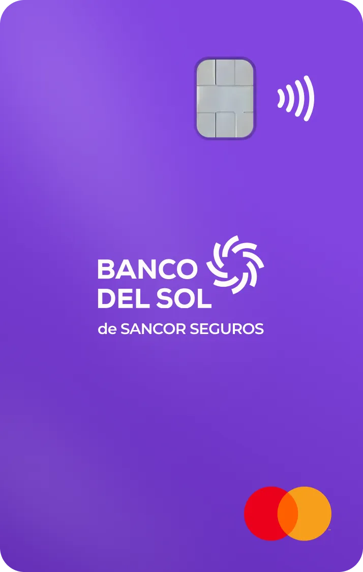 Tarjeta bancaria morada con chip, logo de Banco del Sol de Sancor Seguros y logotipo de Mastercard.