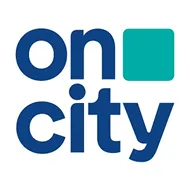 Logotipo de Oncity con texto azul y un cuadrado verde a la derecha.