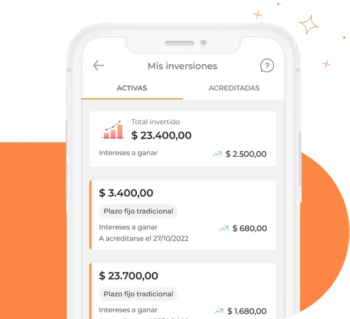 Pantalla de móvil mostrando detalle de inversiones activas con montos y intereses a ganar en una app financiera.