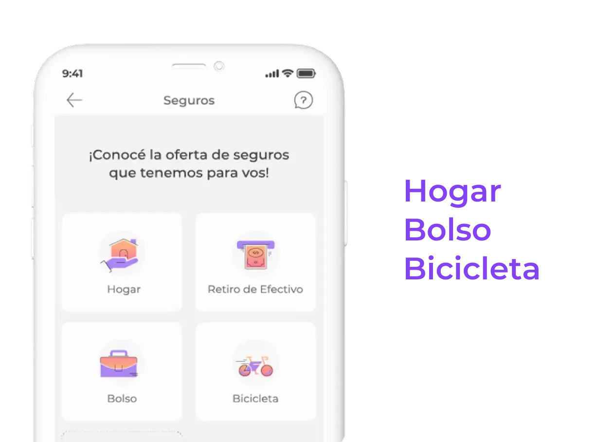 Pantalla de aplicación móvil con opciones de seguros: Hogar, Retiro de Efectivo, Bolso y Bicicleta.