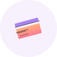 Dos tarjetas de crédito apiladas, una morada y otra con degradado naranja y rosa, sobre fondo circular lila.