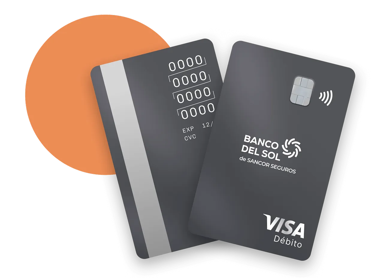Tarjetas débito Visa del Banco del Sol de Sancor Seguros, una mostrando el anverso y la otra el reverso con banda magnética y números 0000.