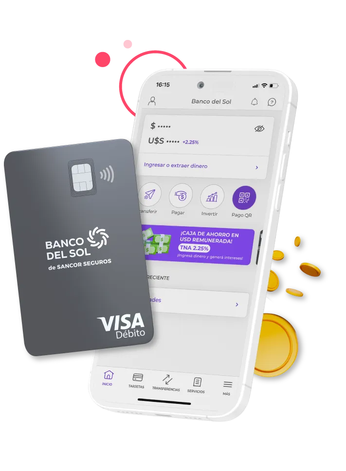 Pantalla de teléfono mostrando una app de préstamos que invita a simular un préstamo hasta en 48 cuotas con botón morado y monedas doradas alrededor.