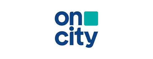 Logotipo de OnCity con letras azules y un cuadrado verde.