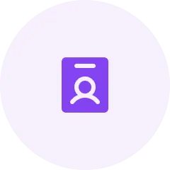 Icono de identificación o tarjeta de identificación en color morado dentro de un círculo lila claro.