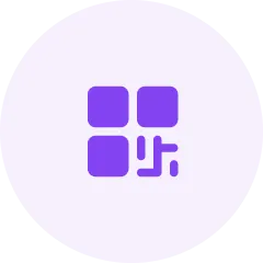 Icono morado con cuatro cuadrados, tres completos y uno con forma de pieza de rompecabezas, sobre fondo lila claro.