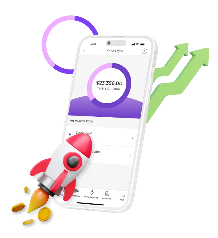 Teléfono móvil mostrando una aplicación financiera con una inversión total de $23,356 y un cohete rojo despegando con monedas doradas alrededor.