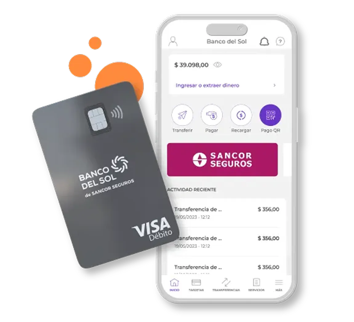 Tarjeta de débito Visa del Banco del Sol junto a la pantalla de un celular mostrando la app del banco con saldo y opciones para transferir, pagar, recargar y pago QR.