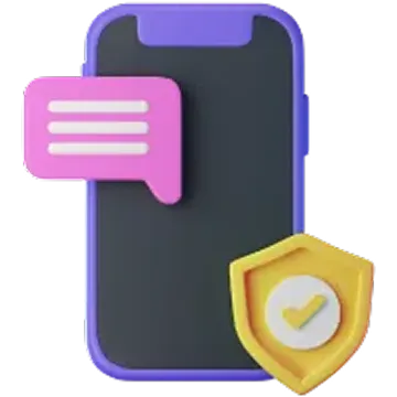Ilustración de un teléfono móvil morado con un globo de diálogo rosa y un escudo amarillo con un símbolo de verificación.