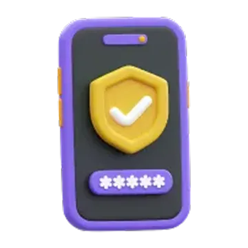 Teléfono móvil con borde morado mostrando un escudo dorado con un símbolo de verificación y una barra de contraseña con asteriscos.