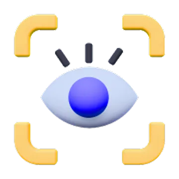 Ícono de un ojo azul con líneas negras arriba y cuatro esquinas amarillas formando un marco alrededor, representando escaneo o reconocimiento visual.