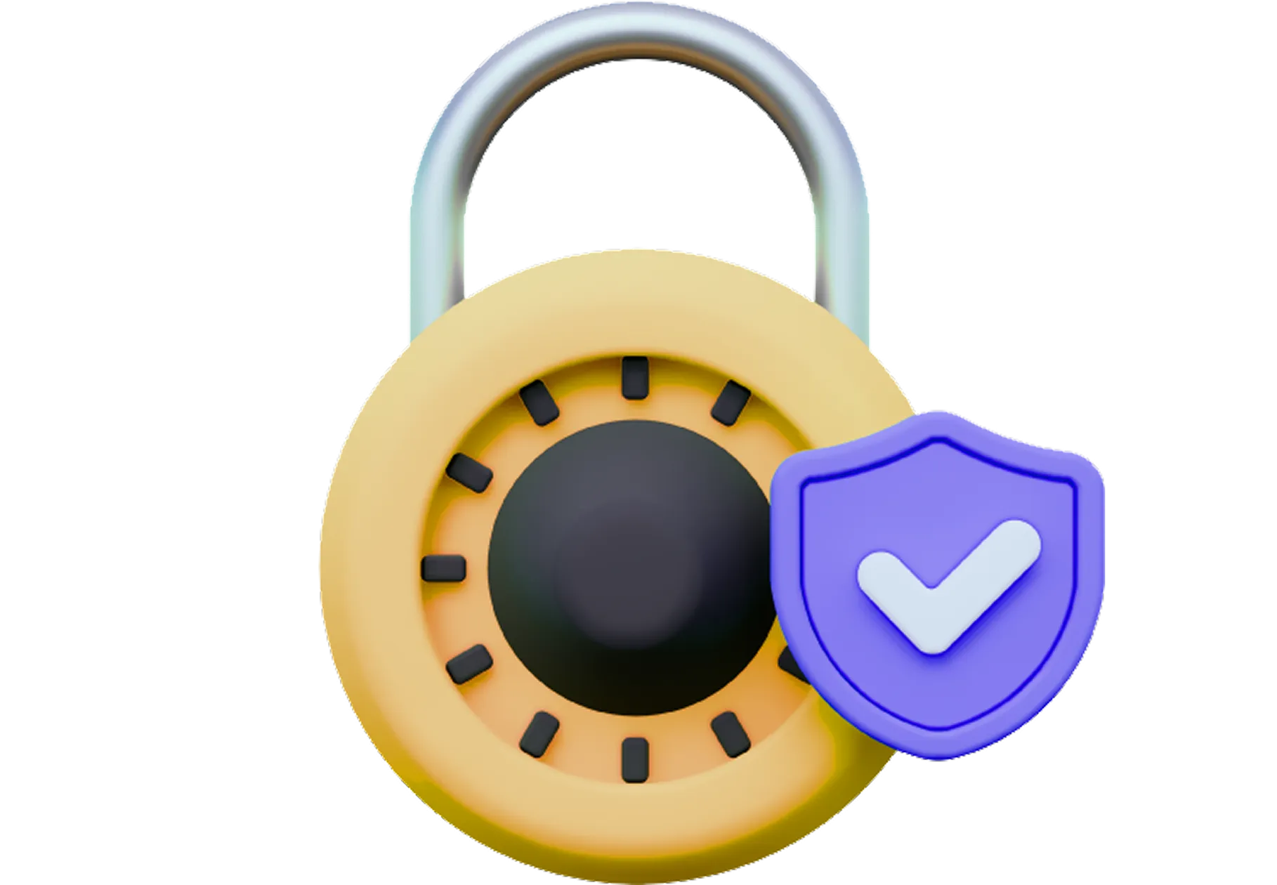 Candado de combinación amarillo con un escudo azul y una marca de verificación blanca simbolizando seguridad.