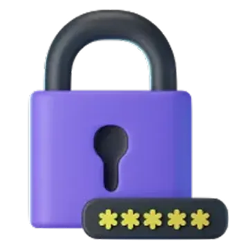 Candado morado con barra de contraseñas representada con asteriscos amarillos.