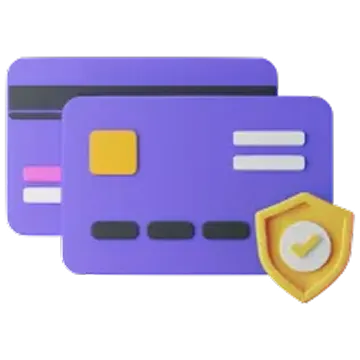 Icono de dos tarjetas de crédito moradas con un escudo amarillo que representa seguridad.