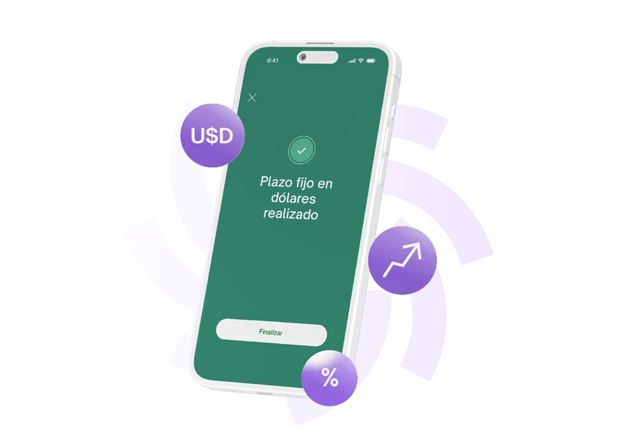 Teléfono móvil mostrando una aplicación financiera con una inversión total de $23,356 y un cohete rojo despegando con monedas doradas alrededor.