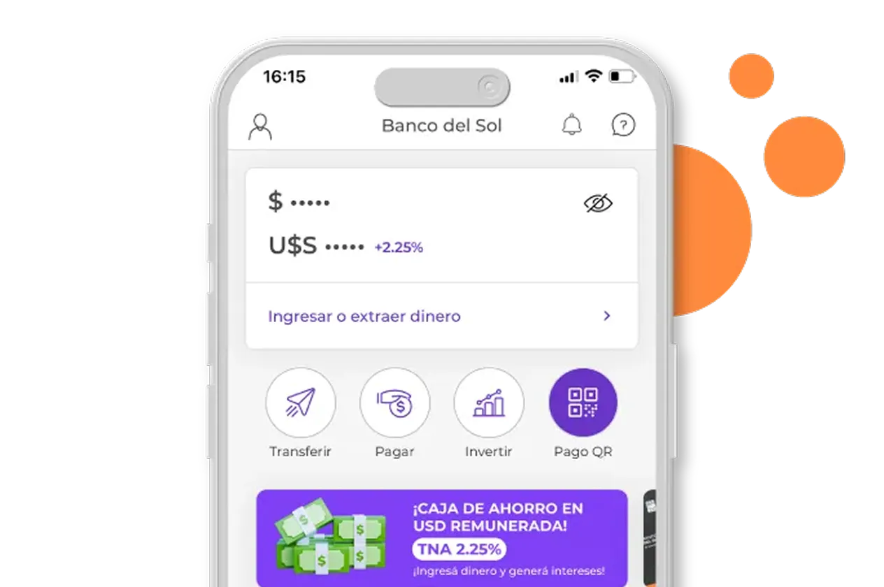 Pantalla de aplicación móvil Banco del Sol mostrando saldo en pesos y dólares con opción para ingresar o extraer dinero, botones para transferir, pagar, invertir y pago QR, y anuncio de caja de ahorro en USD con TNA 2.25%.