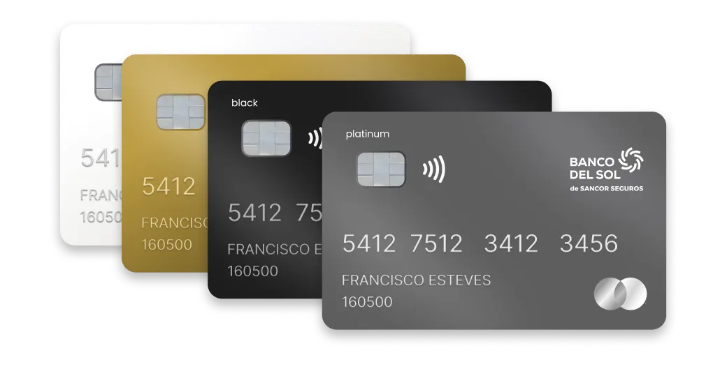 Cuatro tarjetas de crédito superpuestas en colores blanco, dorado, negro y gris con el nombre Francisco Esteves y el logo de Banco del Sol.