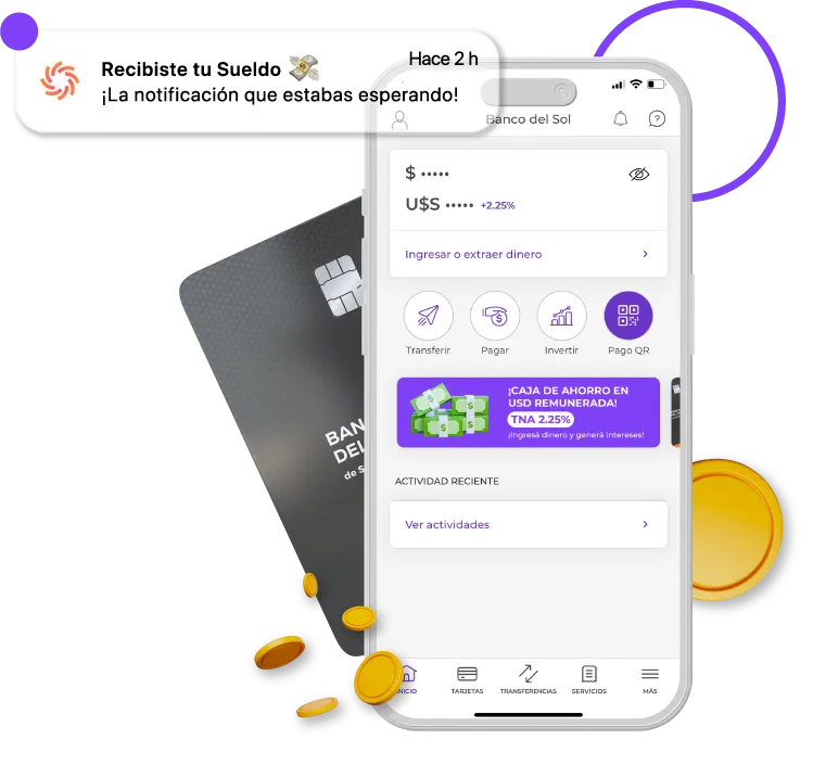 Pantalla de teléfono mostrando una app de préstamos que invita a simular un préstamo hasta en 48 cuotas con botón morado y monedas doradas alrededor.