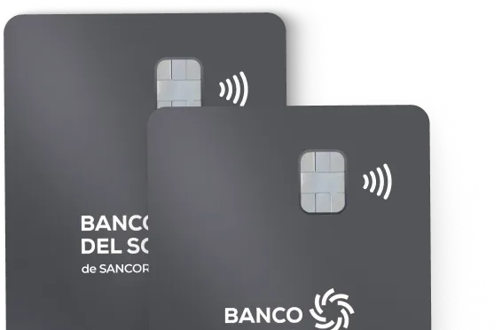 Dos tarjetas bancarias grises superpuestas con chip y símbolo de pago sin contacto, con texto parcial Banco del Sol y Banco.