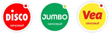 Logotipos de las marcas Disco, Jumbo y Vea de Cencosud en círculos de colores rojo, verde y amarillo respectivamente.
