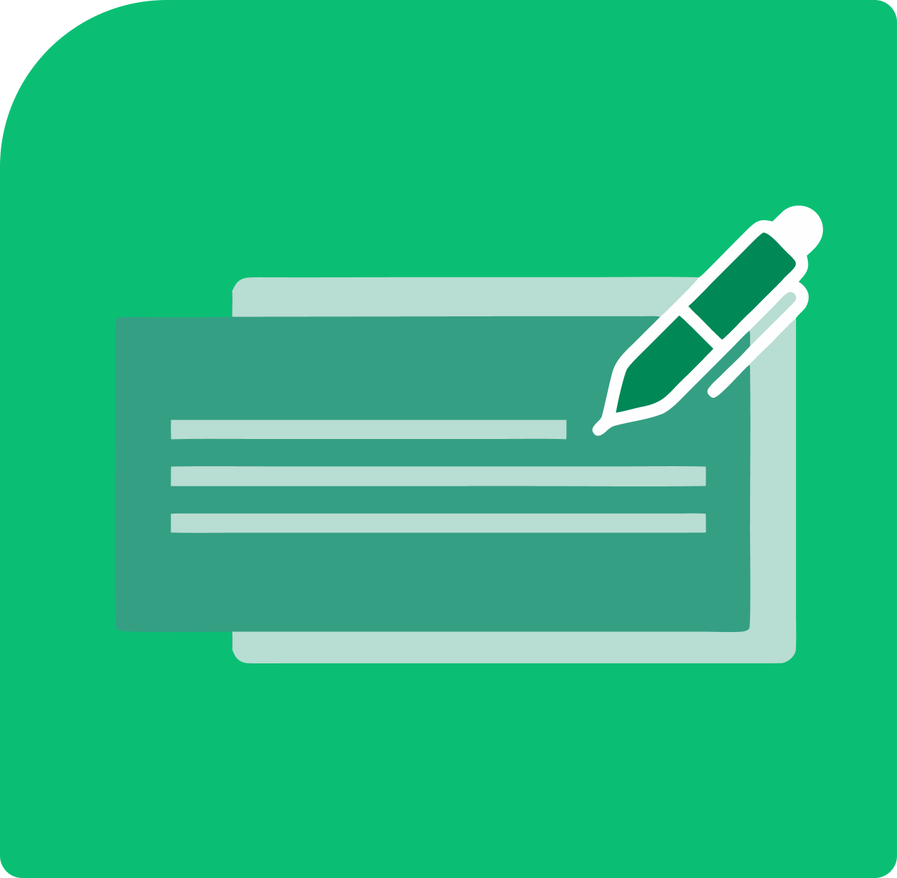 Icono de cheque con un bolígrafo escribiendo, fondo verde.
