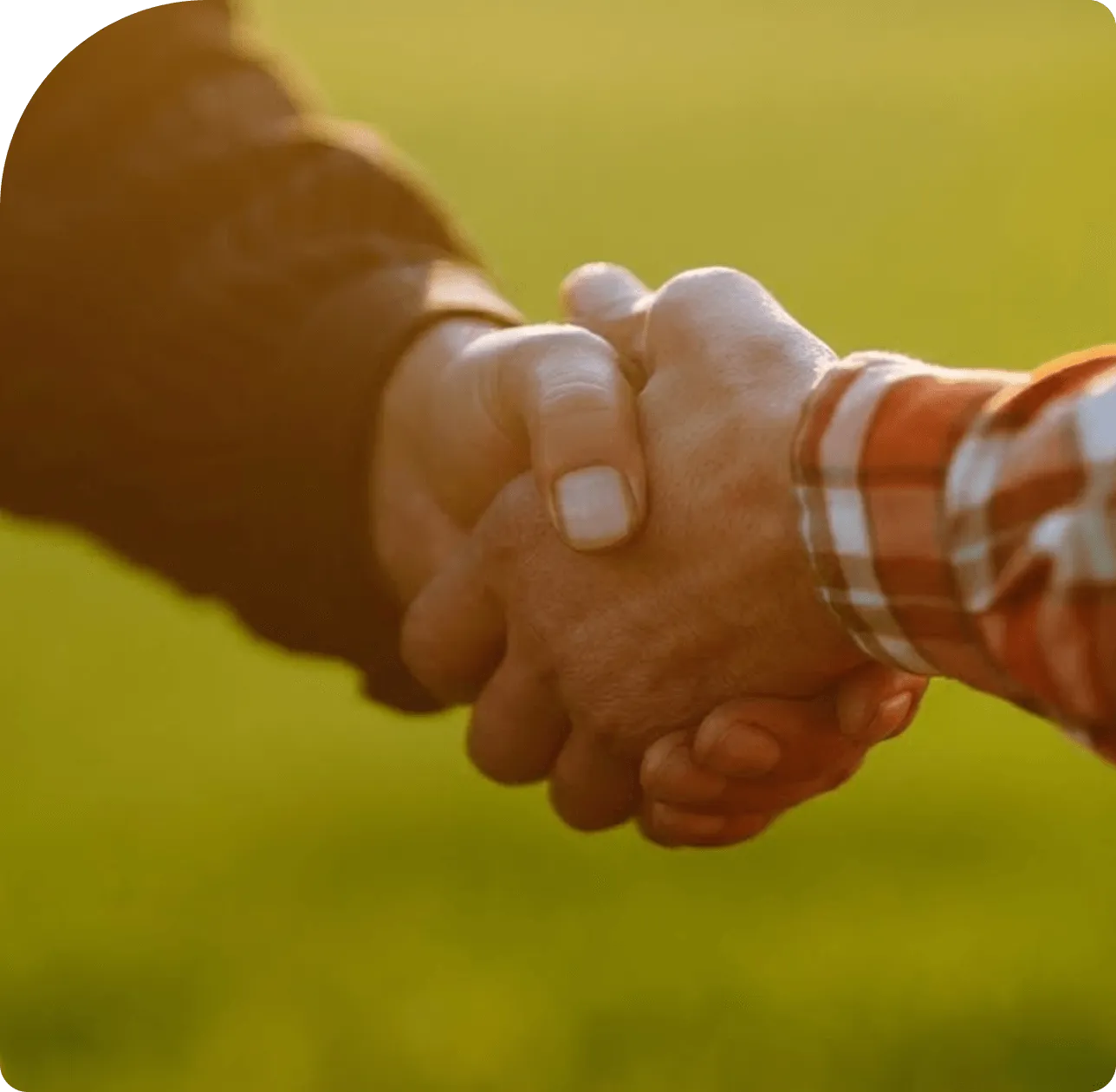 Dos personas dándose la mano con fondo difuminado de césped verde.
