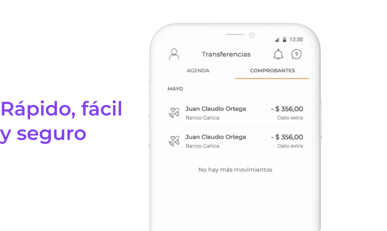 Pantalla de app mostrando transferencias, dos de Juan Claudio Ortega por $356 de Banco Galicia.
